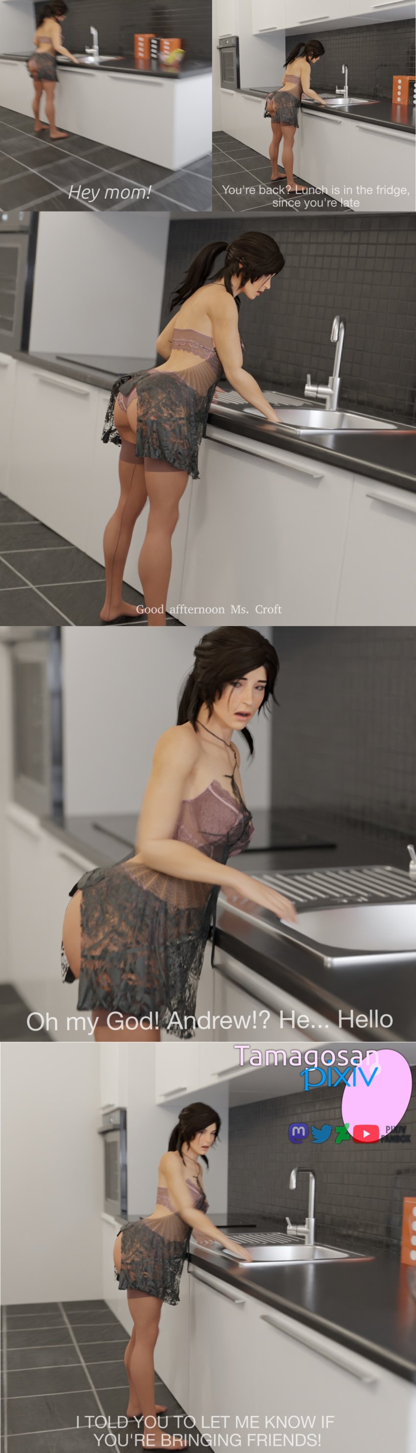 1girls 3d age_difference aged_up brunette_hair chores comic comic_page comic_panel domestic female female_only friend friends_mother home housewife human kitchen lara_croft lara_croft_(survivor) light-skinned_female light_skin lingerie mature_body mature_female mature_woman milf mother mother_and_son older_woman_and_younger_boy panties pov pov_eye_contact scene solo surprised tamagosan text tomb_raider tomb_raider_(survivor) underwear unexpected washing washing_dishes white_skinned_female