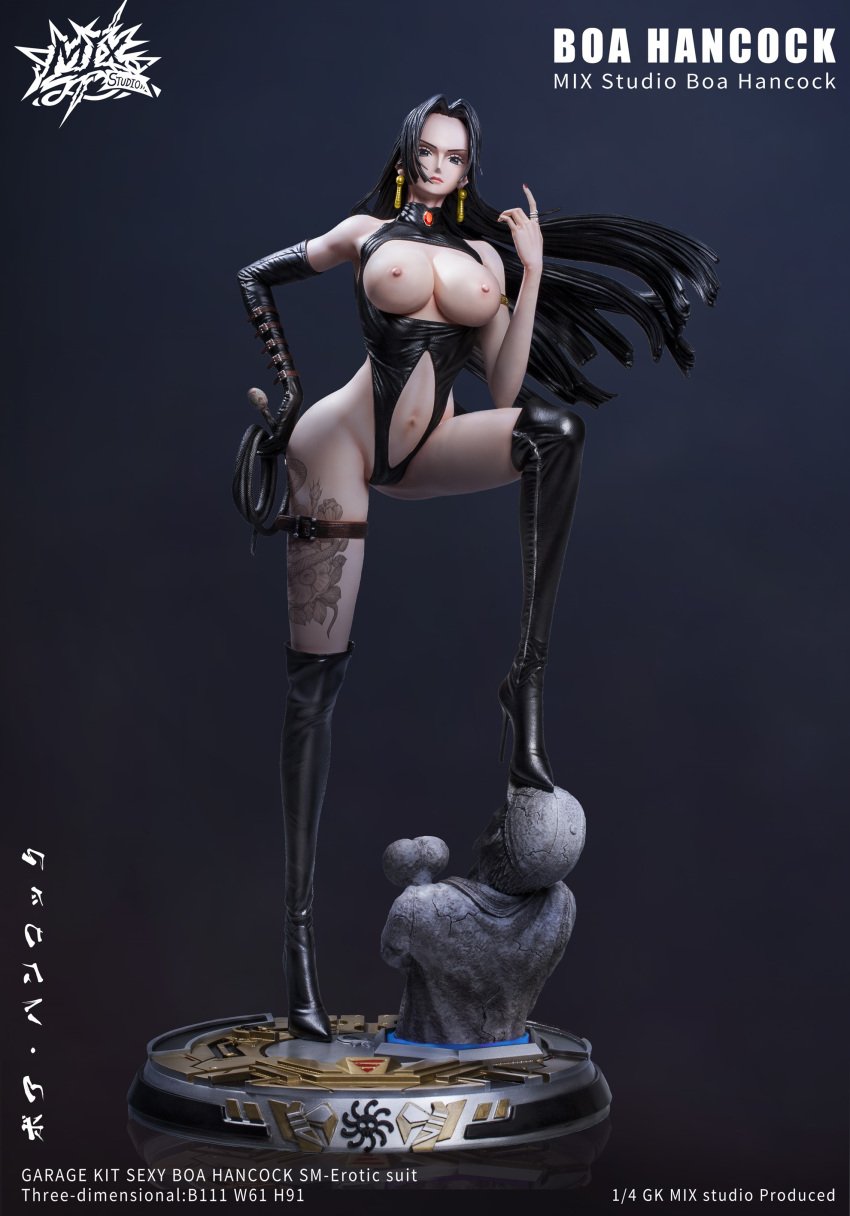 1girls big_breasts black_boots black_hair boa_hancock breasts breasts_exposed dominant_female dominatrix earrings feet_on_head female female_focus female_only femdom figure figurine gloves high_heel_boots high_heels holding_whip mix_studio nipples one_piece painted_nails statue tattoo tattoo_on_leg whip