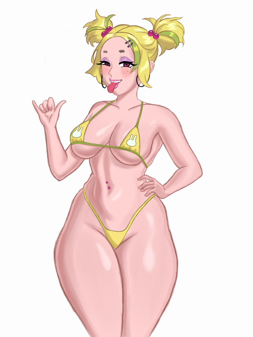 1girls bikini female female_only freckles green_highlights hairclip hand_on_hip hi_res kanguru legs_together looking_at_viewer naughty_face navel_piercing red_eyes saya_(rizdraws) smiling smiling_at_viewer solo thick_thighs tongue_out twintails white_background yellow_hair