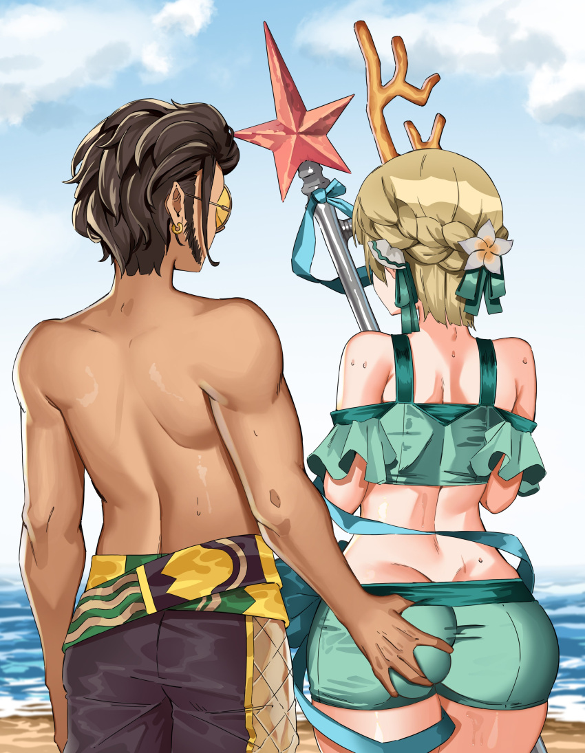 1boy 1girls alternate_ass_size alternate_costume alternate_hairstyle alternate_version_available ass ass_grab back_view bare_back bare_thighs beach big_ass bikini braid brown_hair claude_von_riegan claude_von_riegan_(summer) dark-skinned_male dark_skin deep_skin earrings fire_emblem fire_emblem:_three_houses fire_emblem_heroes flower green_bikini green_swimsuit groping hair_grab i_am_anddo ingrid_brandl_galatea ingrid_brandl_galatea_(summer) long_sideburns male_swimwear nintendo ocean official_alternate_costume outdoors post-timeskip short_hair sideburns spear straight sweat swim_trunks swimsuit textless_version thighs topless very_short_hair weapon