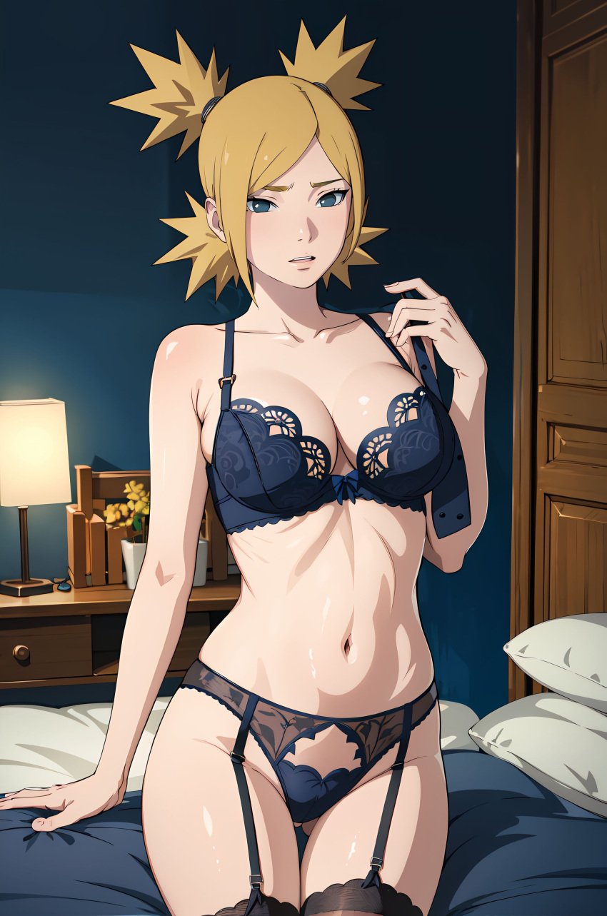 1girls ai_generated alternate_costume arm_support bed bedroom big_breasts blonde_hair boruto:_naruto_next_generations bra breasts cleavage collarbone female female_only front_view furrowed_brow garter_straps indoors legs_together light-skinned_female light_skin lingerie looking_at_viewer mature mature_female midriff milf mother nai_diffusion naruto naruto_(series) panties pinup ponytail quad_tails sitting sitting_on_bed solo solo_focus stable_diffusion stockings teal_eyes temari underwear untied_bra voluptuous wife