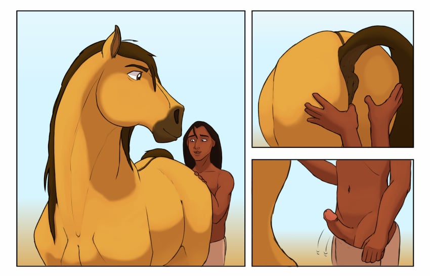 anatomically_correct anatomically_correct_anus anus ass big_anus big_butt butt_grab dreamworks ekayas equid equine equine_anus erection feral gay genitals hand_on_butt hi_res horse human human_on_feral interspecies larger_feral little_creek male male/male mammal penis puffy_anus size_difference smaller_human spirit:_stallion_of_the_cimarron spirit_(cimarron) zoophilia