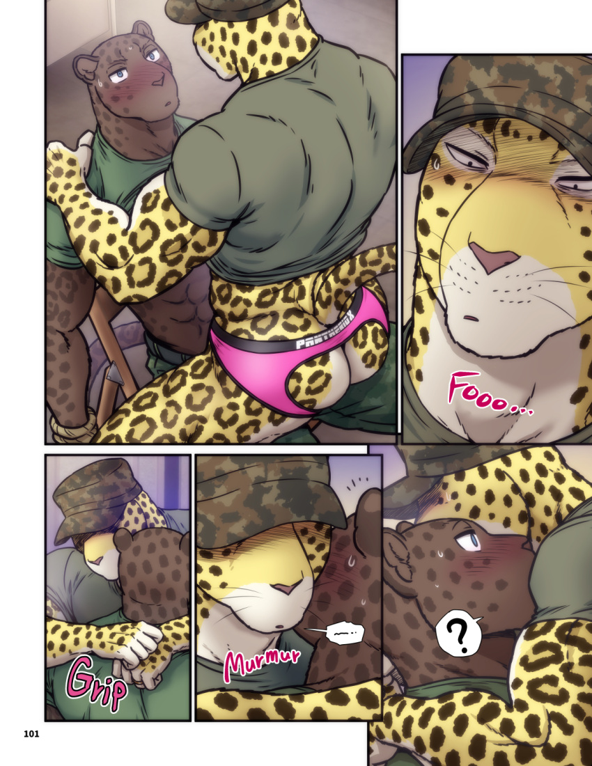 anthro anthro_on_anthro ass blush blush_lines bondage bondage bound camo camo_clothing camo_print chair clothed clothing comic countershade_face countershading embrace felid furniture green_clothing green_shirt green_topwear hi_res intraspecies jaguar male male/male mammal maririn muscular muscular_anthro muscular_male pantherine pattern_clothing question_mark shirt tail topwear tyson_clawing whiskers