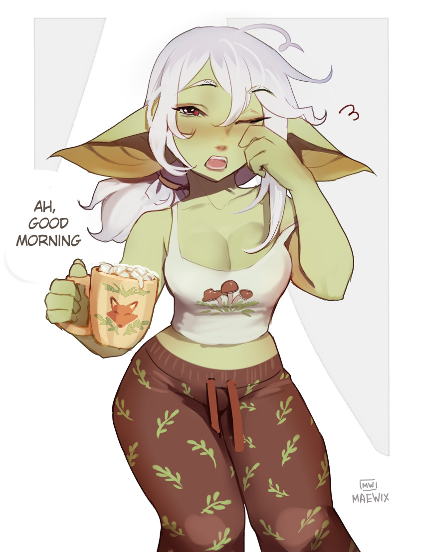 1girls absurd_res blush cup dialogue english_text female female_only goblin goblin_female gobtober gobtober_2023 good_morning green_skin holding_cup long_hair looking_at_viewer maewix1 one_eye_closed pajamas pointy_ears red_eyes rubbing_eye sleepy solo text white_hair