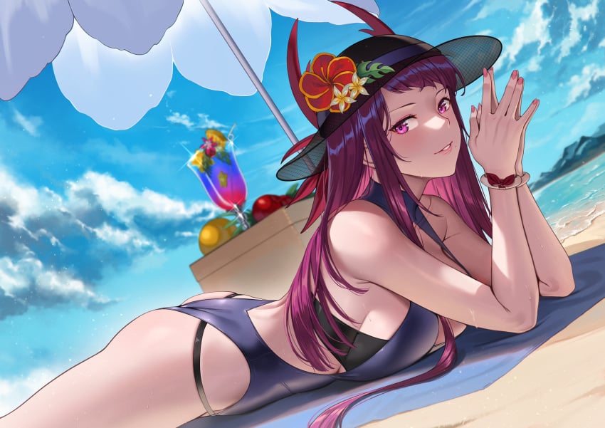 1girls absurdres alternate_costume ass bare_arms bare_thighs beach beach_umbrella big_ass blue_one-piece_swimsuit blue_swimsuit breast_press breasts commission deras drink female female_only fire_emblem fire_emblem_engage fire_emblem_heroes flower from_side hat hat_flower highres ivy_(fire_emblem) ivy_(summer)_(fire_emblem) large_breasts long_hair looking_at_viewer lying nail_polish nintendo non-web_source ocean official_alternate_costume on_stomach one-piece_swimsuit outdoors own_hands_together pink_eyes pink_nails purple_hair see-through solo sun_hat swimsuit the_pose thighs towel umbrella