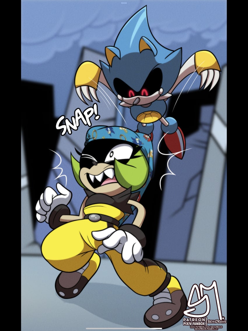 1boy 1girls anthro atomic_wedgie duo embarrassed female fully_clothed male metal_sonic panties print_panties robot semidraws sonic_(series) sonic_the_hedgehog_(comics) sonic_the_hedgehog_(idw) surge_the_tenrec underwear wedgie