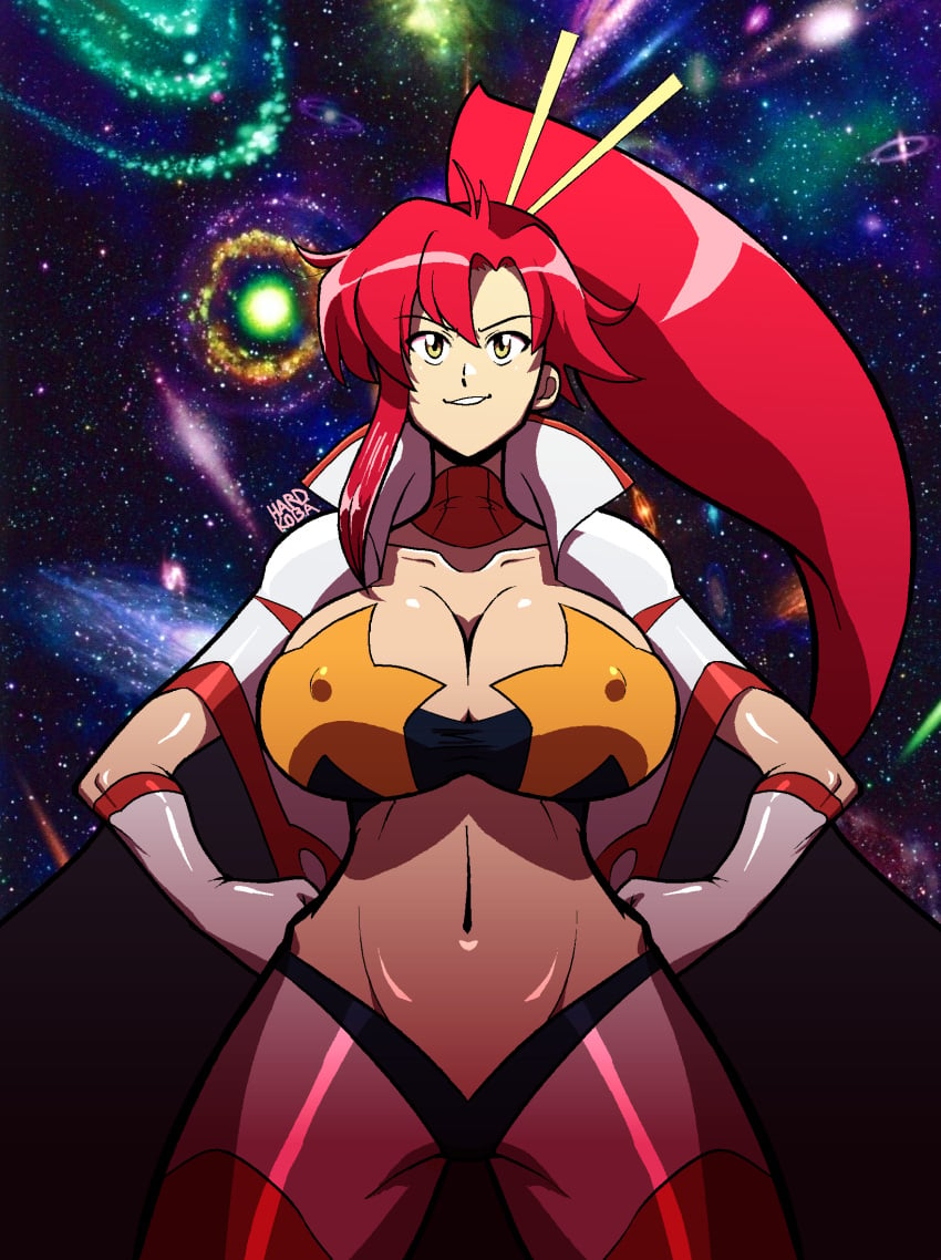 1girls artist_name breasts cleavage collarbone covered_erect_nipples galaxy gloves hands_on_own_hips hardkoba highres huge_breasts huge_breasts long_hair midriff navel red_hair smile solo space space_yoko stomach tengen_toppa_gurren_lagann very_long_hair wide_hips yellow_eyes yoko_littner