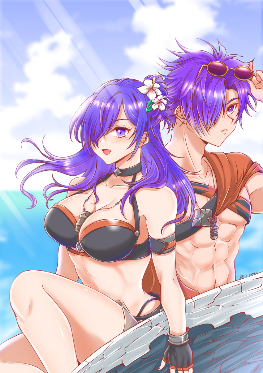 1boy 1girls abs alternate_costume bare_midriff bare_thighs between_breasts bikini black_bikini black_swimsuit breasts cape choker cleavage dual_persona female fingerless_gloves fire_emblem fire_emblem:_three_houses fire_emblem_heroes fire_emblem_warriors:_three_hopes flower glasses gloves hair_flower hair_over_one_eye komainutotoro large_breasts long_hair male midriff more_at_source multiple_persona muscular muscular_male nintendo ocean official_alternate_costume open_mouth outdoors purple_eyes purple_hair shez_(female)_(fire_emblem) shez_(female)_(summer)_(fire_emblem) shez_(fire_emblem) shez_(male)_(fire_emblem) shez_(male)_(summer)_(fire_emblem) short_hair smile sunglasses surfboard swimsuit thighs whistle whistle_around_neck