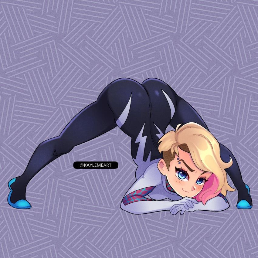 1girls asymmetrical_hair dyed_hair eyebrow_piercing female female_only gwen_stacy jack-o_pose kaylemeart lewdcumics marvel solo spider-man:_across_the_spider-verse spider-man:_into_the_spider-verse tight_clothing