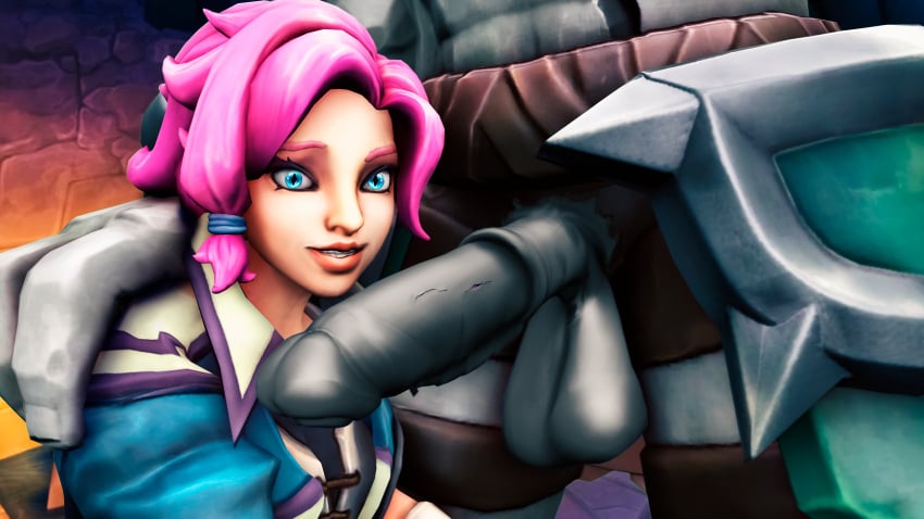 1boy 1girls 3d ambrosito ballsack female looking_at_viewer maeve_(paladins) male paladins penis shocked terminus_(paladins) thick_penis