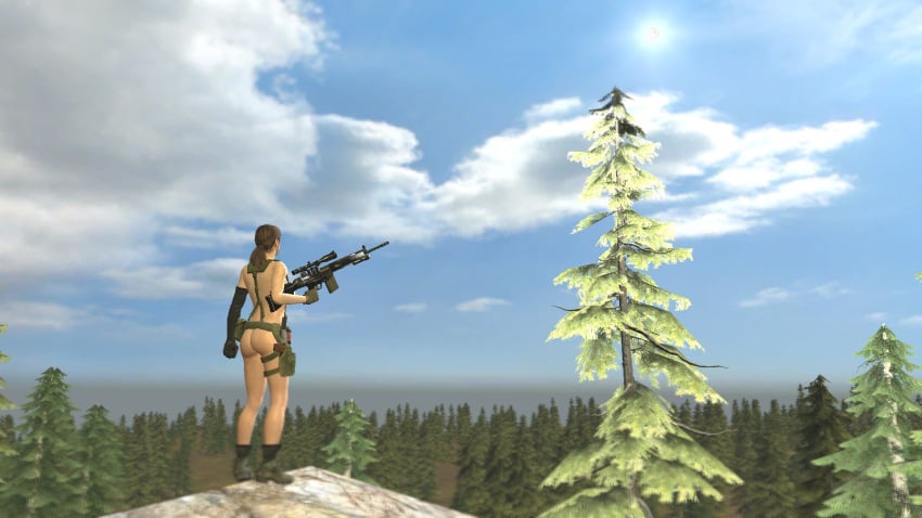 1girls 3d 3d_(artwork) ass belt boots casual day daytime female female_only firearm footwear forest garry's_mod gloves gun half_naked handwear human looking_at_viewer metal_gear_(series) metal_gear_solid metal_gear_solid_v naked naked_female nude nude_female nudity outside pale_skin ponytail quiet quiet_(metal_gear) rifle shoes sniper_rifle solo stefanie_joosten sun tactical_nudity tree trees wood woods