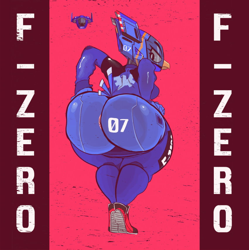 android angry angry_face anthro anthrofied anus anus_peek big_ass bird blue_body blue_falcon blue_falcon_(f-zero) blue_feather champiart f-zero f-zero_gx falcon female female_only furry machine nintendo pink_anus plump_ass robot robot_girl shiny simple_background solo struggling struggling_to_fit thick_thighs tsundere