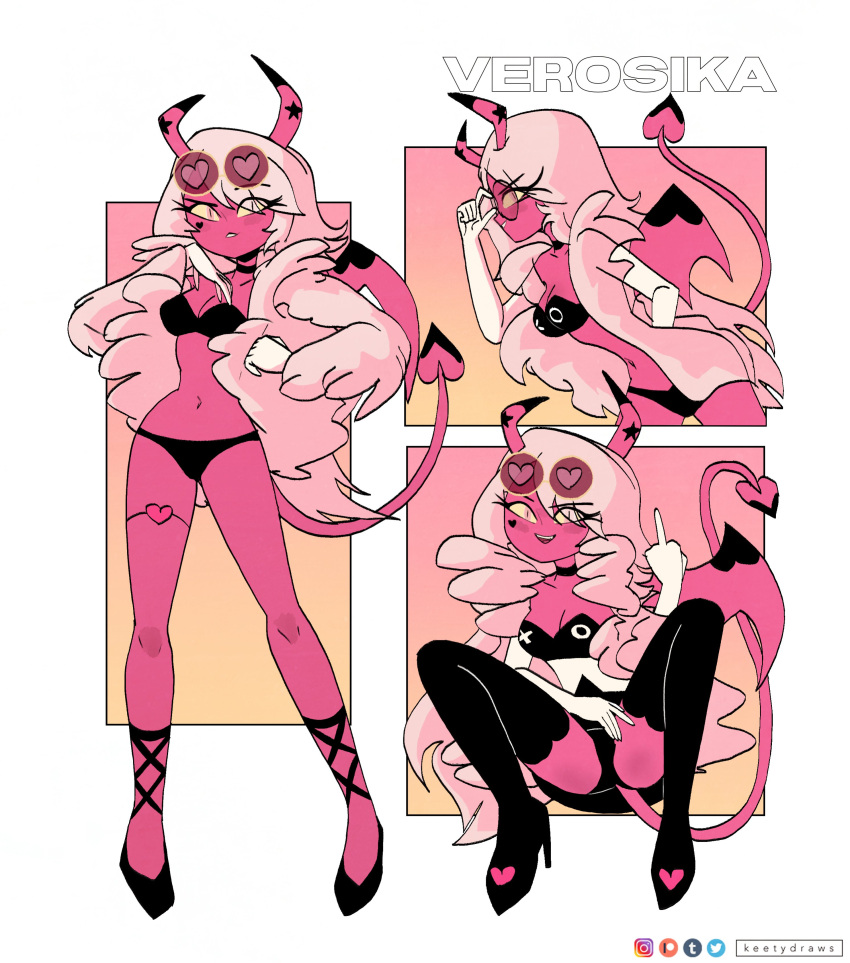 breasts demon demon_girl demon_horns demon_tail demon_wings female female_only helluva_boss keetydraws middle_finger pink_skin solo succubus succubus_horns succubus_tail succubus_wings verosika_mayday_(helluva_boss)