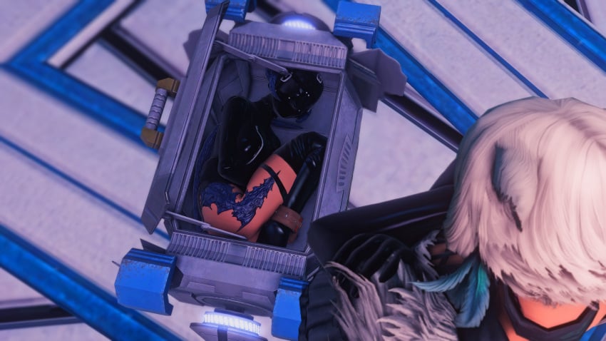 2girls au_ra bondage bondage_hood box captured cuffs encasement female femsub final_fantasy final_fantasy_xiv gag gimp_mask gimp_suit girl_in_a_box high_heels hood in_container in_suitcase kisa_kha latex latex_suit miqo'te multiple_girls muzzle_gag straitjacket thighhighs xaela y'shtola