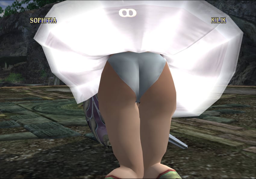 3d ass bandai_namco blonde_hair busty female female_focus female_only hourglass_figure long_hair milf panties screenshot sophitia_alexandra soul_calibur soul_calibur_ii tagme white_panties wide_hips