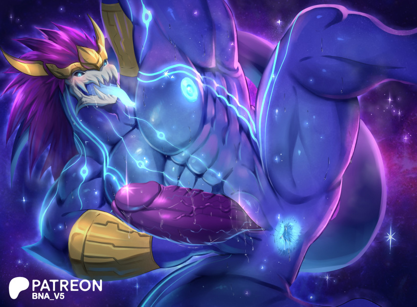 2d 2d_(artwork) abs anthro anus aroused aurelion_sol barazoku biceps bioluminescence blue_body blush blush_lines bna_v5 bodily_fluids celestial_(league_of_legends) digital_media_(artwork) dragon drooling erection gaping gaping_anus gay genitals glowing hair hands_behind_head hi_res league_of_legends looking_pleasured male male_only muscular muscular_anthro muscular_male muscular_thighs nipples nude open_mouth pecs penis presenting presenting_anus presenting_penis pupils riot_games saliva scalie serratus slit slit_play slit_pupils solo solo_male space sweat tail teeth tongue triceps vein veiny_penis