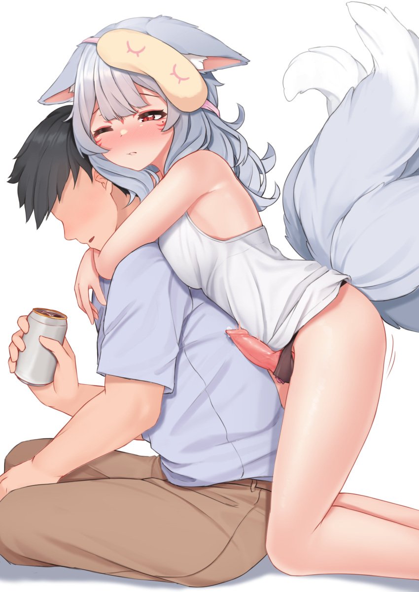 1boy 1futa absurdres animal_ears animal_genitalia animal_penis black_hair blue_shirt blush bottomless breasts brown_pants can closed_mouth clothed clothing erection fox_ears fox_girl fox_tail fully_clothed futa_with_male futanari grey_hair highres holding holding_can hug hug_from_behind human humanoid kemonomimi kneeling knot knotted_penis light-skinned_female light-skinned_futanari light_skin long_hair male mole mole_under_eye multiple_tails nijisanji nijisanji_en nina_kosaka one_eye_closed pants partially_clothed penis precum red_eyes shirt short_sleeves sitting sleep_mask sleepypudding small_penis solo_focus tail uncensored virtual_youtuber white_shirt