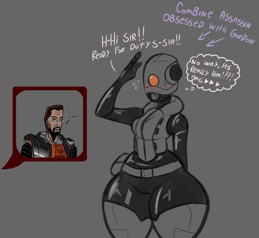 ... armor belt black_bodysuit black_clothing black_gloves blush bodysuit boots bottom_heavy bulletproof_vest cameltoe clothed clothing combine combine_assassin cumlord cumlord_(artist) digital_drawing_(artwork) digital_media_(artwork) duo english_text female female_focus fully_clothed gloves gordon_freeman grey_background half-life half-life_2 half-life_2_beta headwear helmet hi_res hourglass_figure huge_hips human just_coffee male mask one_eye post-human red_eyes salute simple_background solo_focus standing suprised talking talking_to_another text thick_thighs thigh_boots thighhigh_boots thighhighs thought_bubble three-quarter_portrait tight_clothing transhuman unamused valve vest video_games voluptuous voluptuous_female white_boots white_clothing white_headwear white_helmet white_vest wide_hips