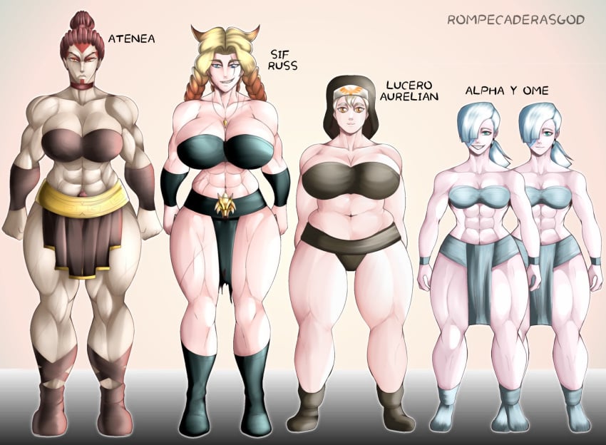 4girls 5girls abs alpha_legion alpharius angron bra braided_twintails busty chubby_female cleavage english_text female female_only female_space_marine genderswap genderswap_(mtf) grin hair_over_one_eye height_chart huge_breasts human human_only imperium_of_man leman_russ loincloth lorgar_aurelian multiple_girls muscular muscular_female muscular_thighs nun's_habit omegon pale-skinned_female pale_skin primarch pubic_hair_peek red_pubic_hair rompecaderasgod rule_63 sisters size_difference space_wolves standing text thick_legs tube_top twins warhammer_(franchise) warhammer_40k word_bearers world_eaters