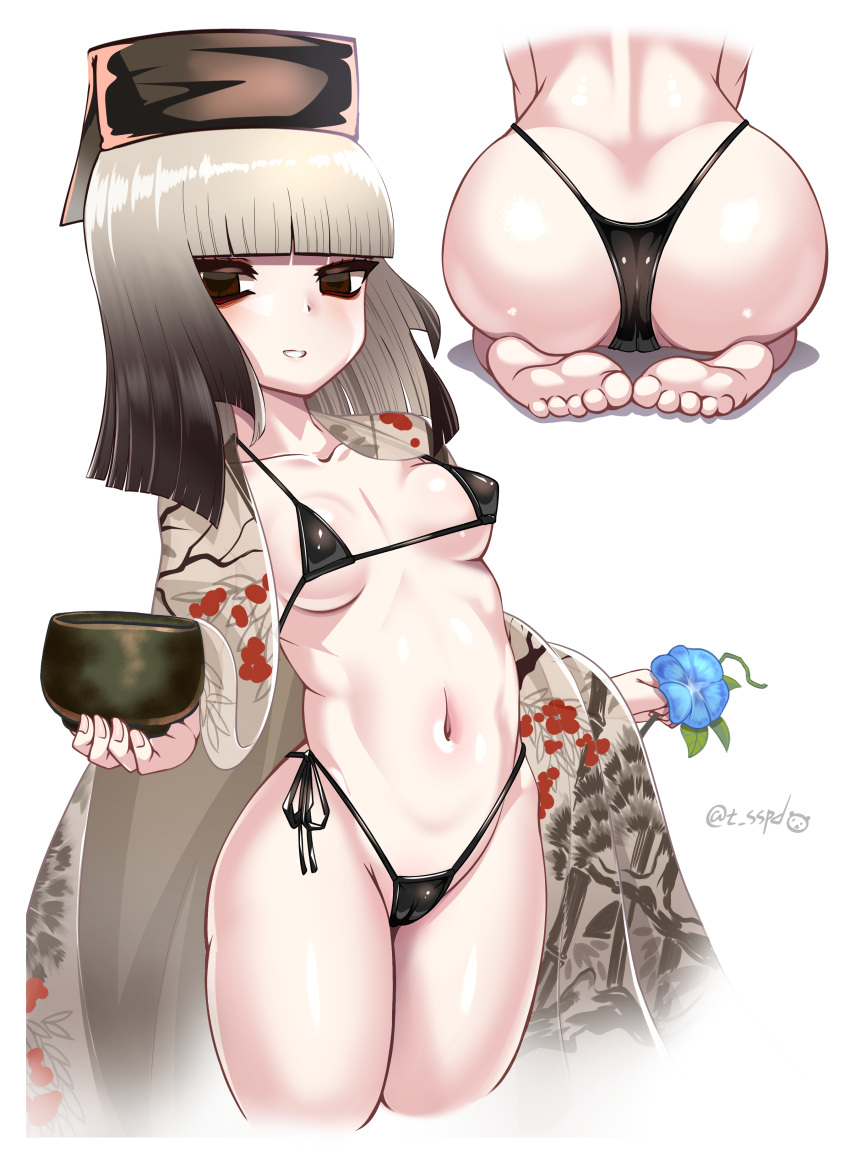 1girls ass barefoot bikini black_bikini black_eyes black_hair black_headwear blunt_bangs breasts collarbone cup erect_nipples_under_clothes fate/grand_order fate_(series) female female_only flower gerontophilia gradient_hair grey_hair hat high_resolution highleg highleg_bikini huge_ass japanese_clothes kimono looking_at_viewer medium_breasts medium_hair micro_bikini multicolored_hair multiple_views navel open_clothes open_kimono sekai_saisoku_no_panda sen_no_rikyu_(fate) smile swimsuit tea_cup thighhighs thighs toes very_high_resolution