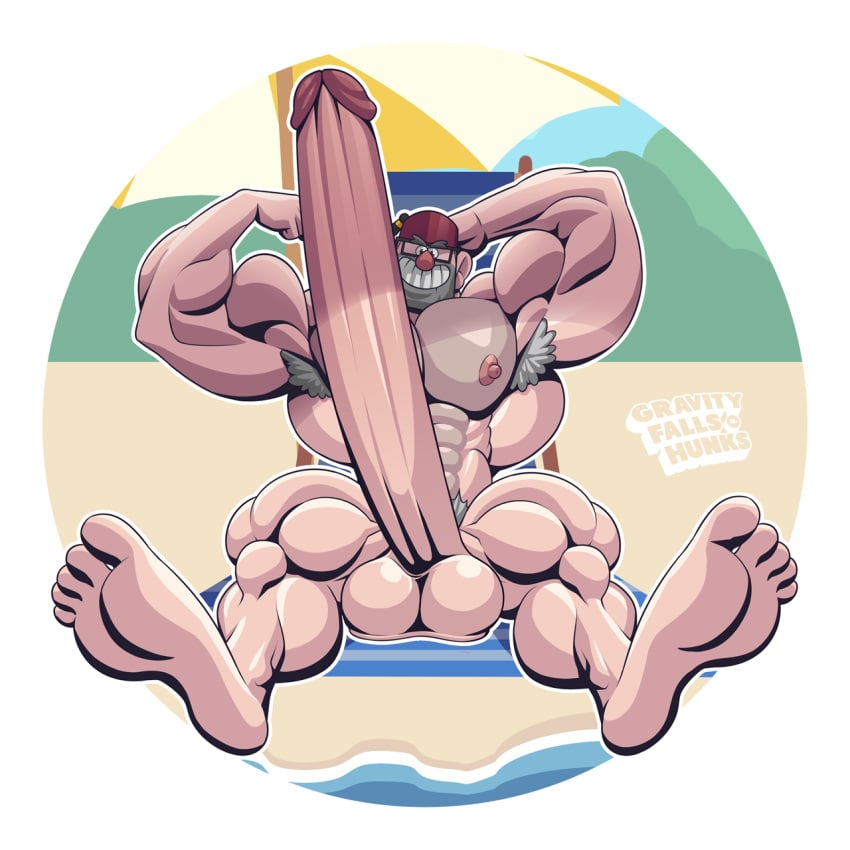 abs armpits arms_up beach biceps big_balls body_hair boner dilf erection flexing gravity_falls hairy hyper_penis laying_down looking_at_viewer male_only muscular muscular_male nude smiling solo solo_male stanley_pines wolfiecanem