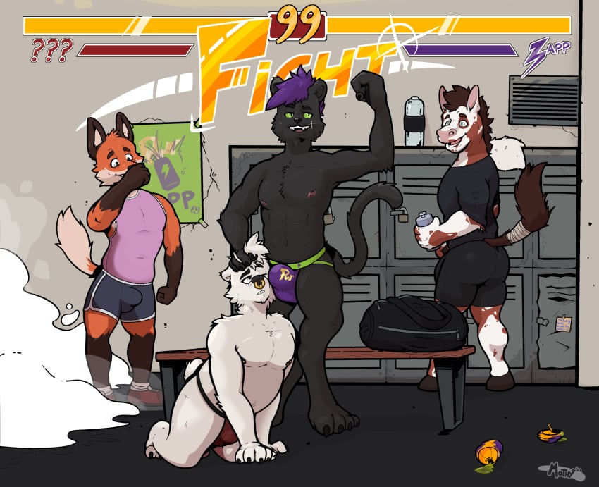 absurd_res annoyed anthro ass bear beverage beverage_can biceps black_body bottle bottomwear brown_hair canid canine cheek_tuft clothed clothing container digital_media_(artwork) duffel_bag english_text equid equine exercise_clothing facial_piercing facial_tuft felid fight fighting_game fighting_game_ui fox fur gameplay_mechanics gold_(metal) gold_jewelry group gui gym hair health_bar hi_res horse jewelry jockstrap lock locker locker_room looking_at_another looking_at_partner male male/male mammal mothyking multicolored_body muscular muscular_anthro muscular_male nikto_(mothyking) nipples nose_piercing nose_ring open_mouth orange_body orange_fur overweight overweight_male padlock pantherine pecs piercing polar_bear pose poster purple_hair ring_piercing smile soda spots spotted_body teeth text topwear tuft two_tone_body underwear ursine water_bottle watermark white_body