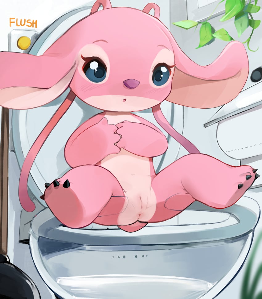 absurd_res alien angel_(lilo_and_stitch) anus blue_eyes blush claws disney experiment_(lilo_and_stitch) female floppy_ears flush_vore fur genitals hi_res lilo_and_stitch pink_body pink_fur pussy solo spread_legs spreading toilet yupa