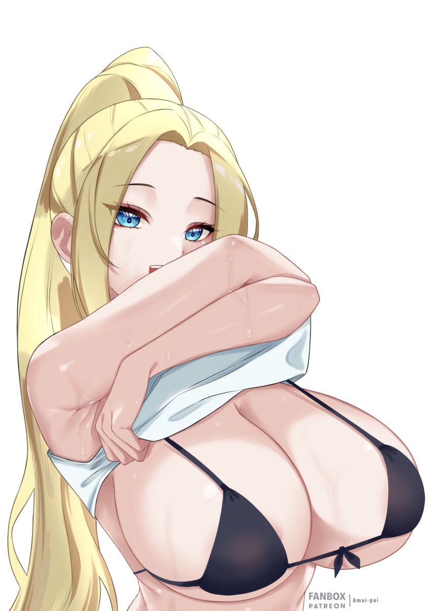 1girls absurdres amai-pai armpit_crease beatrix_amerhauser bikini black_bikini blonde_hair blue_eyes breasts cleavage clothes_lift commentary english_commentary fanbox_username female front-tie_bikini_top front-tie_top high_ponytail highres lifted_by_self long_hair looking_at_viewer open_mouth paid_reward_available pale-skinned_female pale_skin ponytail shirt_lift sideboob smile solo string_bikini sweat swimsuit tank_top upper_body white_background white_tank_top zom_100_zombie_ni_naru_made_ni_shitai_100_no_koto