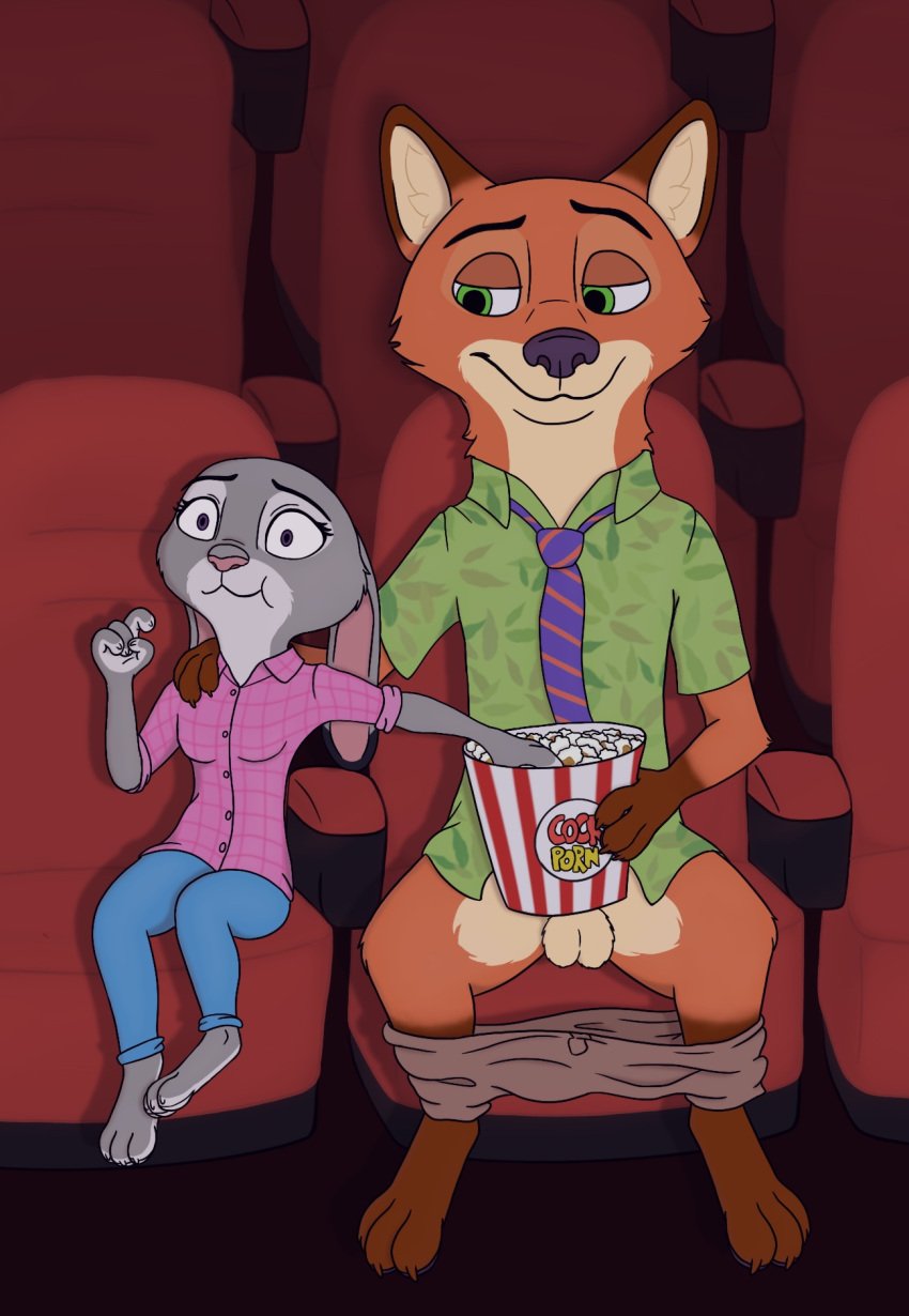 anthro bottomwear bottomwear_down canid canine clothed clothing disney duo female food fox fur green_eyes grey_body grey_fur hi_res judy_hopps lagomorph leporid male male/female mammal movie_theater nick_wilde orange_body orange_fur pants pants_down partially_clothed penis_in_popcorn_bucket pink_eyes popcorn public public_nudity rabbit surprised_expression wroniasty zootopia