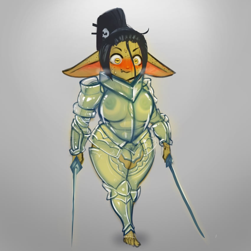 1:1 absurd_res areola armor barefoot big_breasts big_ears black_hair blush bodily_fluids breasts clothing dddoodles dual_wielding embarrassed embarrassing_outfit feet female freckles genitals glass_armor goblin goblin_female green_areola green_body green_nipples green_skin hair hi_res holding_object holding_sword holding_weapon horizontal_pupils humanoid humanoid_pointy_ears ineffective_clothing melee_weapon nipples ponytail pupils pussy short_stack shortstack solo sweat sweatdrop sword thick_thighs translucent translucent_armor translucent_clothing unconvincing_armor weapon wide_hips yellow_eyes