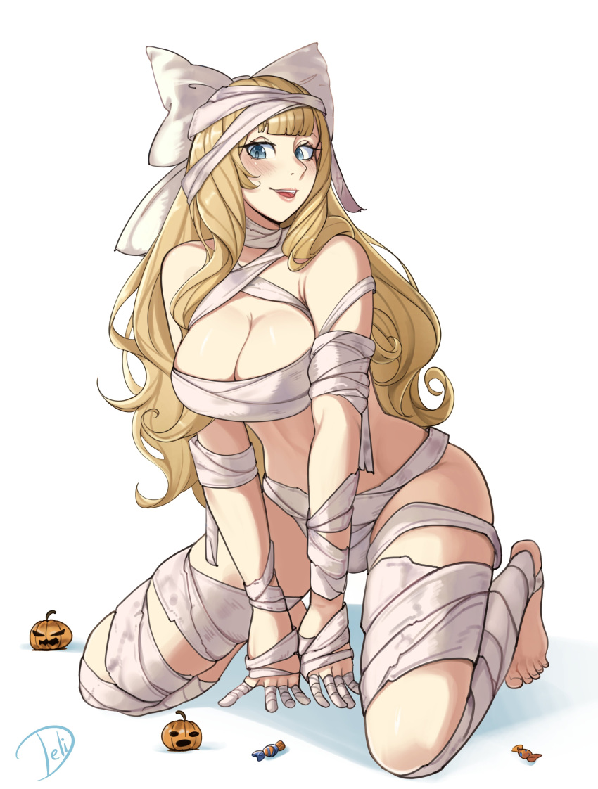 1girls absurdres all_fours bandages barefoot blonde_hair blue_eyes blunt_bangs bow breasts candy charlotte_(fire_emblem) cleavage delicious_brain deliciousbra female female female_only fire_emblem fire_emblem_fates food hairbow halloween halloween_costume highres jack-o'-lantern kneeling large_breasts looking_at_viewer mummy_costume nintendo open_mouth panties short_bangs solo underwear white_bow white_panties