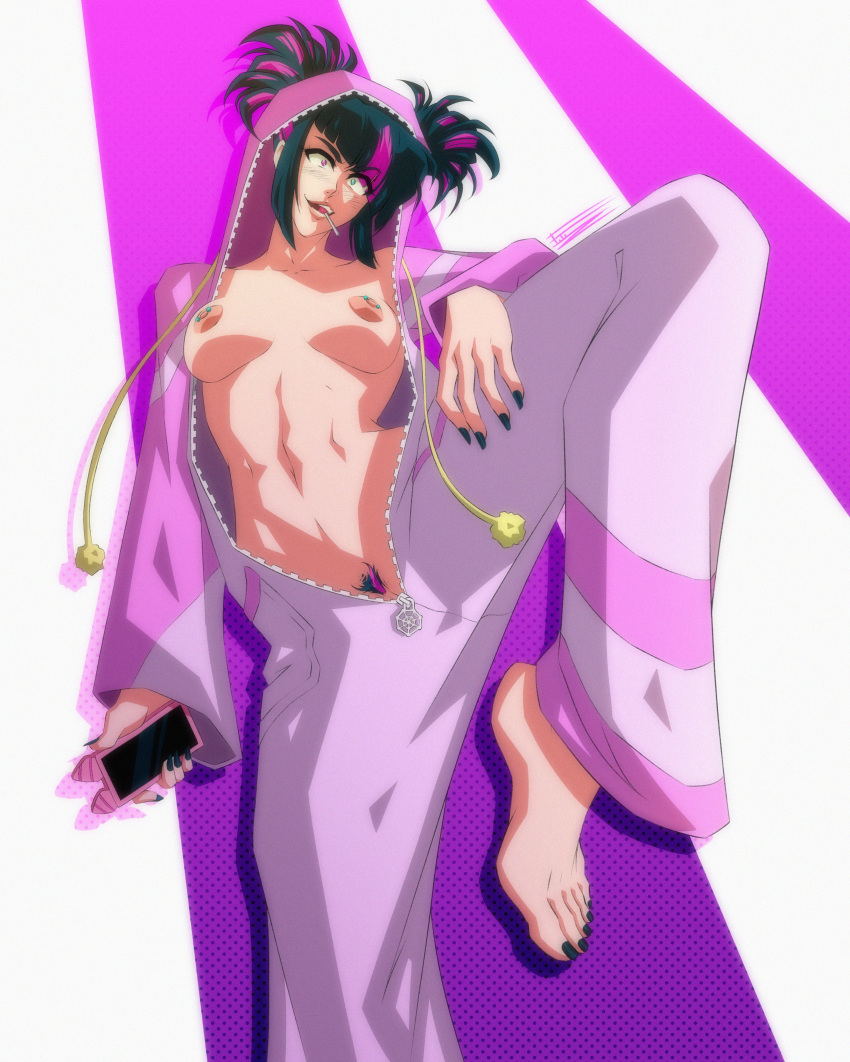 1girls black_hair breasts feet female female_only fitiddies hooded_pajamas juri_han looking_at_viewer medium_breasts naked_onesie onesie onesie_open pajamas phone pose pubes purple_highlights pussy_peek smartphone solo street_fighter street_fighter_6 unzipped