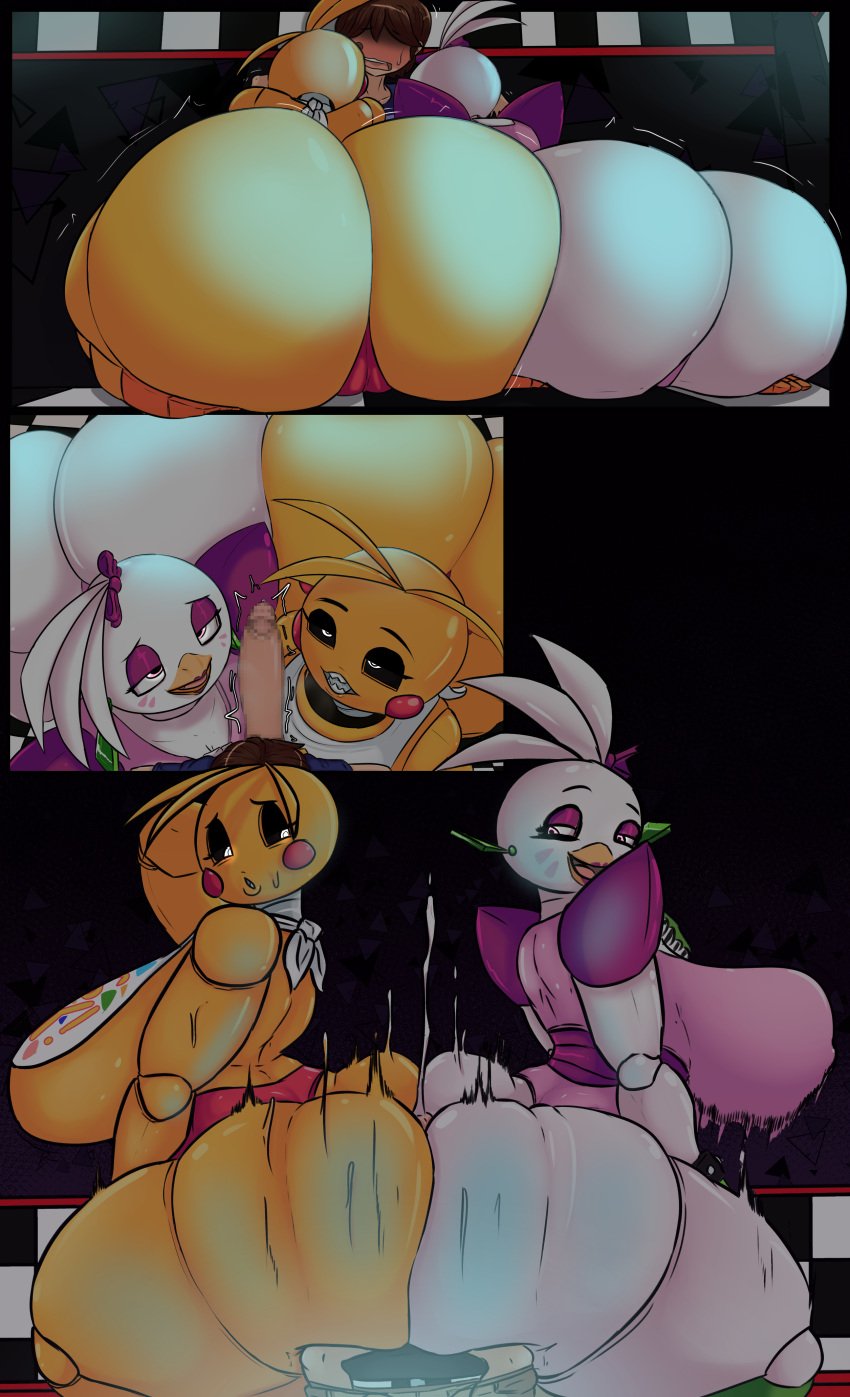 2girls ass_bigger_than_head ass_focus big_ass big_breasts big_penis buttjob censored censored_penis clothed covered_buttjob cum double_buttjob female five_nights_at_freddy's five_nights_at_freddy's:_security_breach glamrock_chica_(fnaf) gokusenpai gregory_(fnaf) huge_ass huge_breasts hyper_ass nipples_visible_through_clothing no_bra no_underwear penis robot robot_girl sideass straight toy_chica_(fnaf)