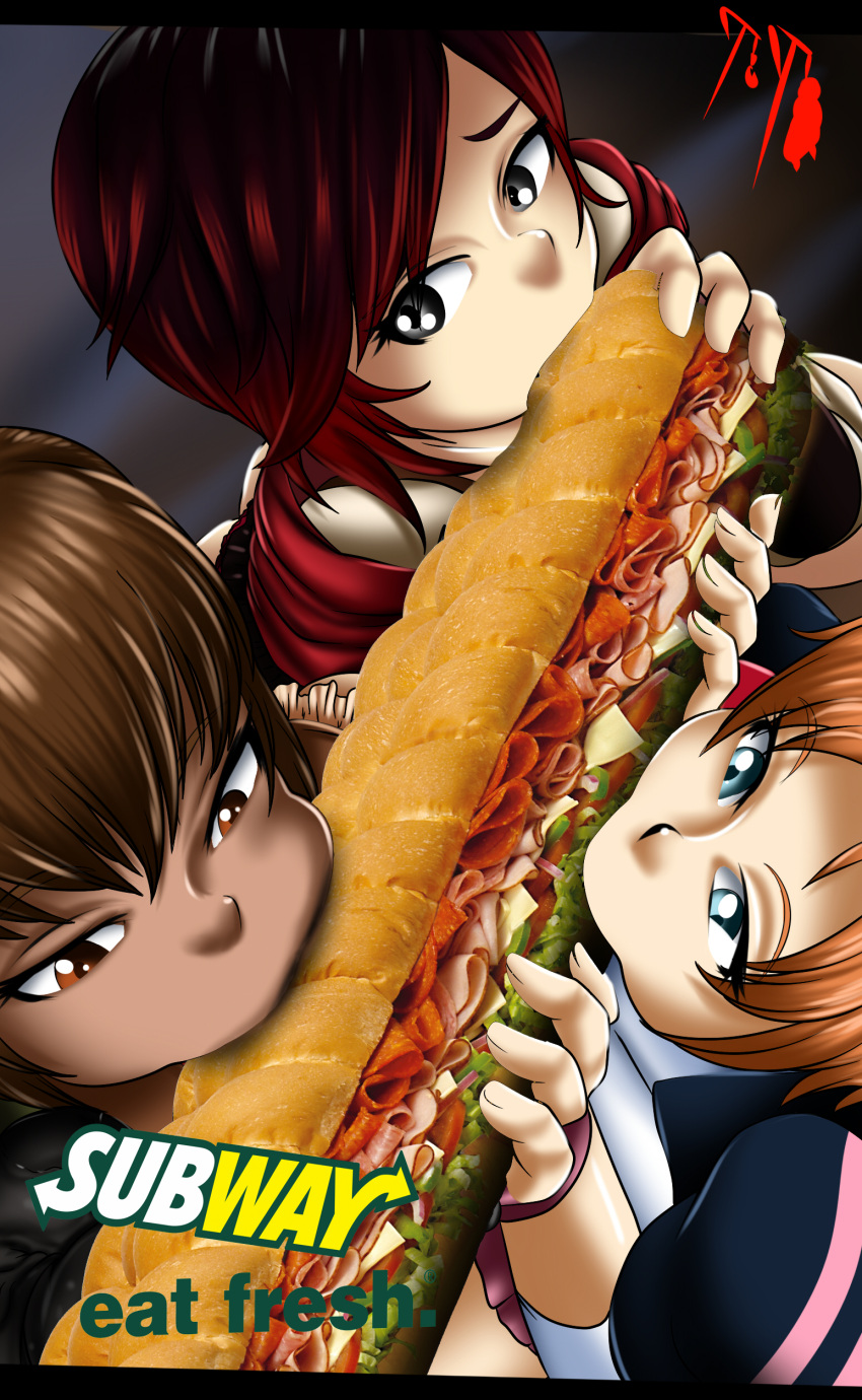 3girls amber_(rwby) blue_eyes brown_hair censored female female_only food light-skinned_female light_skin meme nora_valkyrie novelty_censor orange_hair pointless_censoring ruby_rose rwby sandwich_(food) subway_(franchise) subway_eat_fresh_(meme) suicidetoto