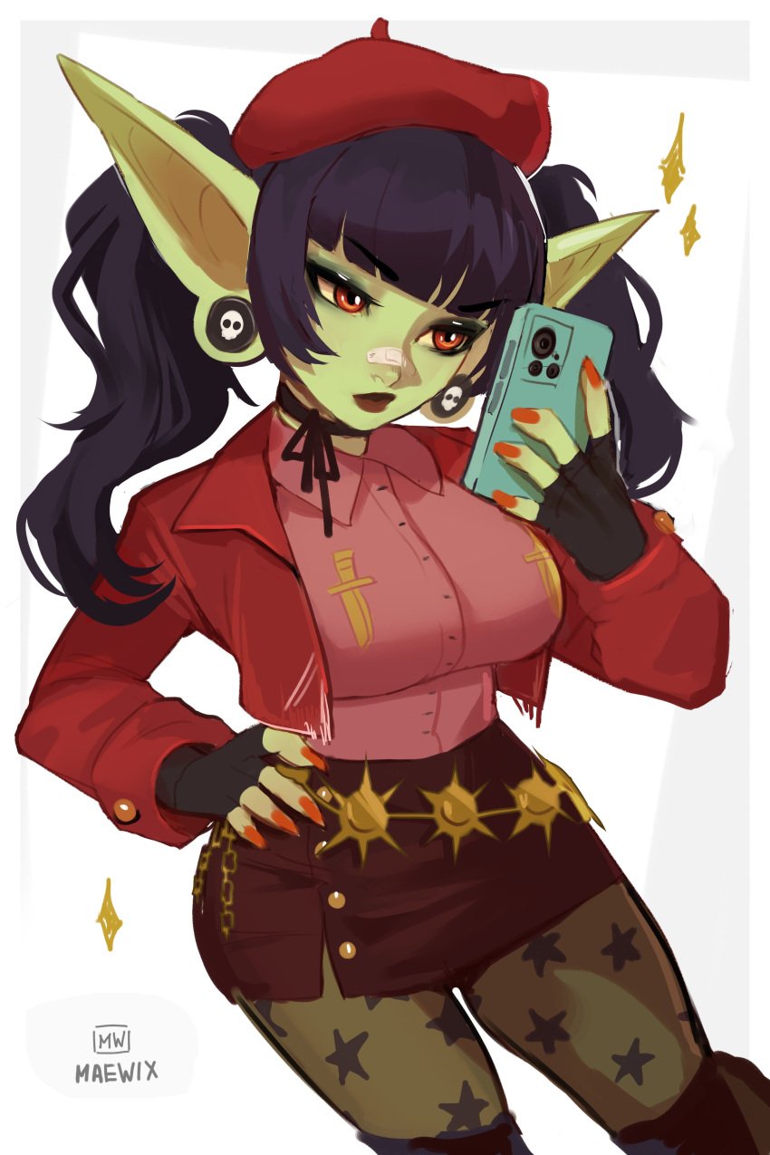 1girls absurd_res bandaid bandaid_on_nose big_ears black_hair clothed clothing female female_only goblin goblin_female gobtober gobtober_2023 goth green-skinned_female green_skin hand_on_hip hat holding_phone indie_virtual_youtuber long_hair looking_at_phone maewix1 phoebe_bane phone pointy_ears red_eyes red_fingernails solo sparkles twintails virtual_youtuber white_background yellow_sclera