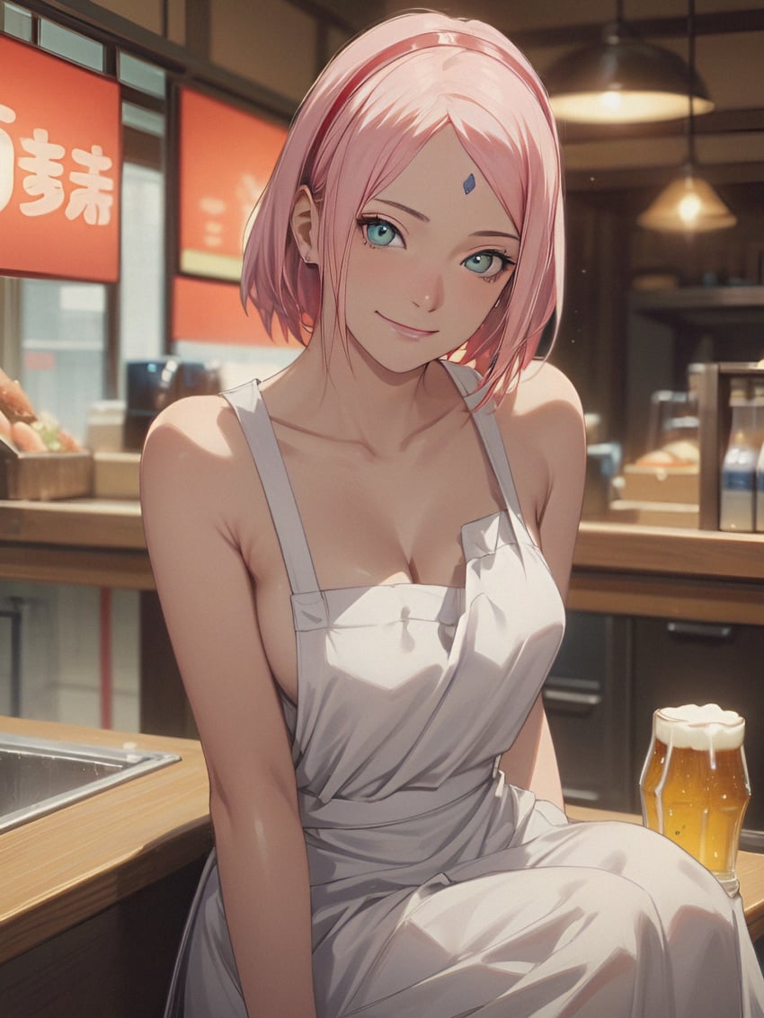 1girls ai_generated alxss94 apron apron_only barely_clothed boruto:_naruto_next_generations exhibitionism exhibitionist female female_focus functionally_nude green_eyes indoors mostly_nude nai_diffusion naked_apron naruto naruto_(series) pink_hair public_indecency public_nudity restaurant sakura_haruno stable_diffusion waitress worker