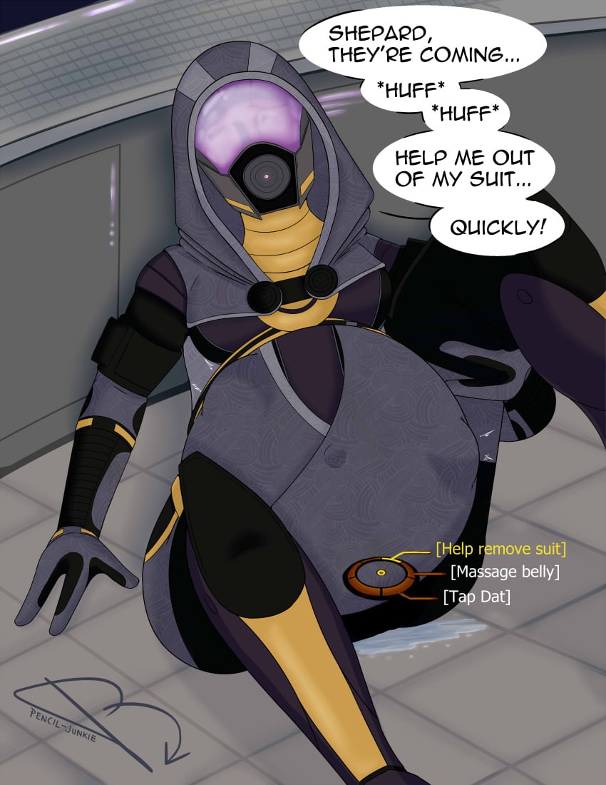 1girls big_belly birth english_text female female_only fetal_movement labor mass_effect penciljunkie pregnant quarian ready_to_pop solo tali'zorah_nar_rayya text water_break