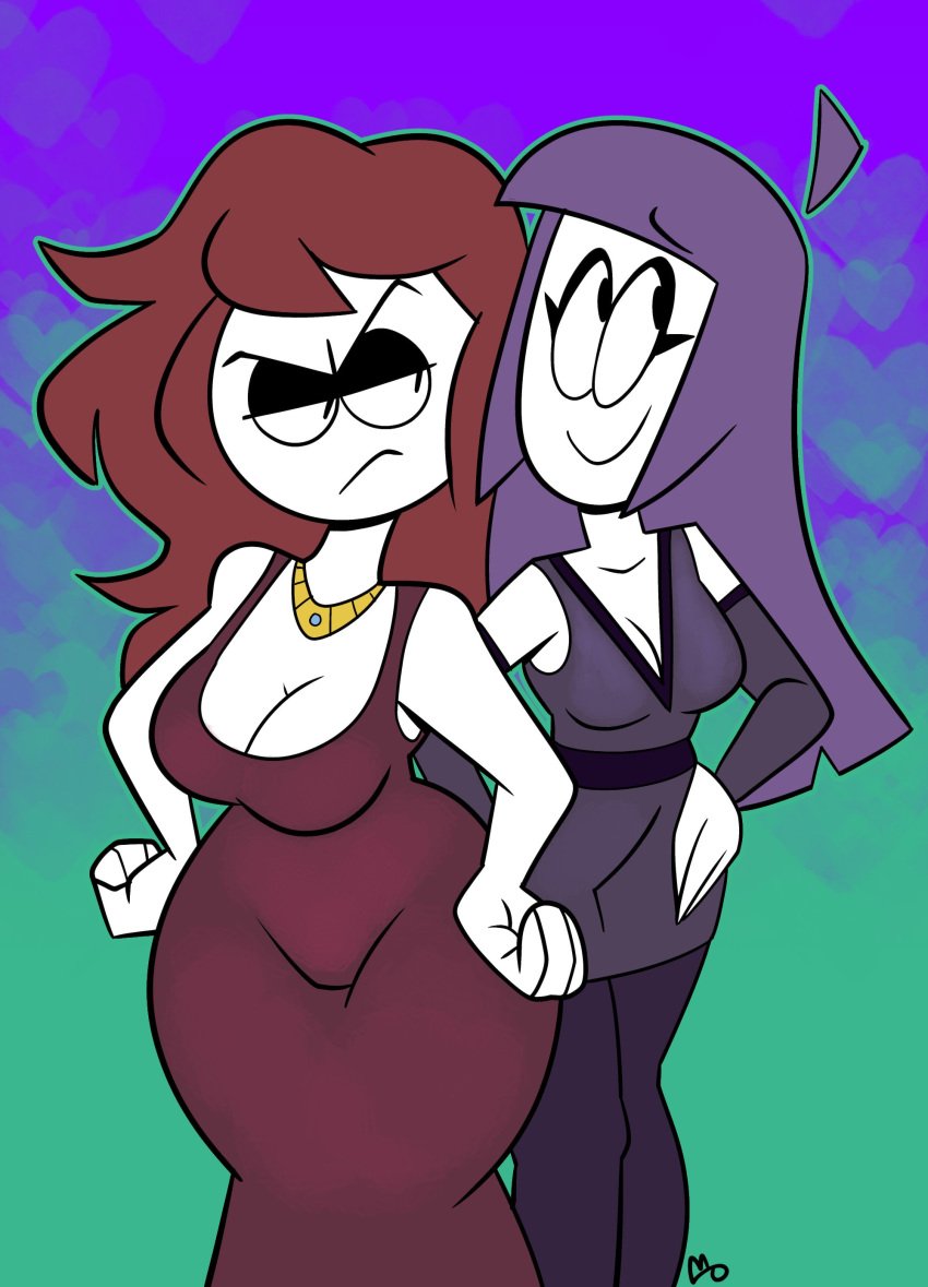 2milfs angry big_breasts brown_hair carmen_(spooky_month) classy classy_female cleavage female female_only happy lila_(spooky_month) milf monamania mother purple_hair red_hair simple_background single_mom smile spooky_month white_skin wide_hips