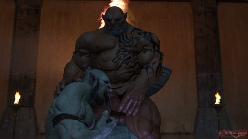 abs bodily_fluids dark-skinned_male dark_skin darkviperbara duo gay genital_fluids hi_res humanoid humanoid_pointy_ears huzbul male male/male muscular muscular_humanoid muscular_male muscular_thighs nipples oral orc orc_male pecs precum tattoo tuhorn