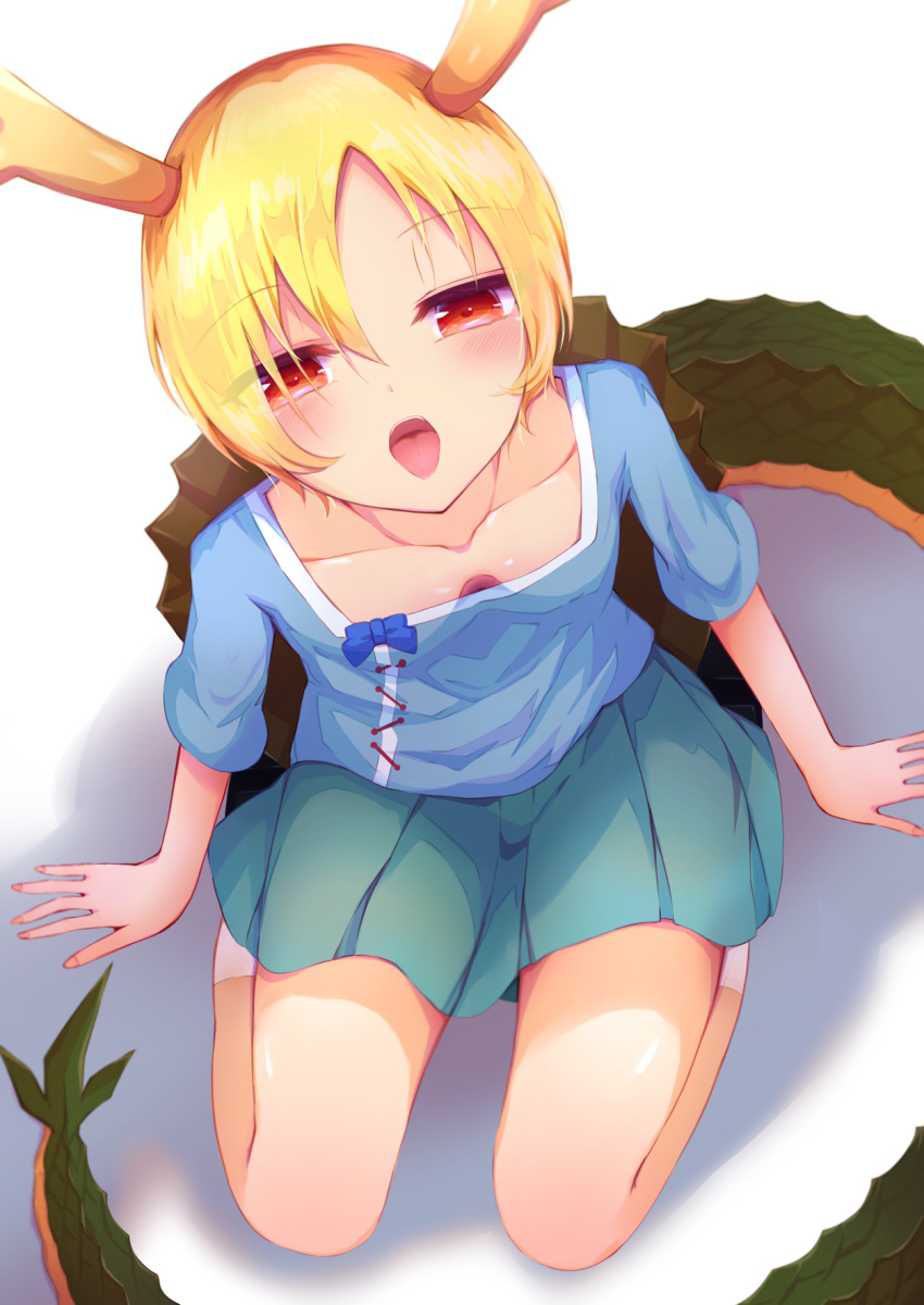 1girls animal_horns animal_tail blonde_hair blush breasts cleavage clothed collarbone from_above high_socks horn horns kicchou_yachie no_bra open_mouth red_eyes scales short_hair small_breasts socks solo tail thighs tomoe_(artist) tongue tongue_out touhou turtle_shell yellow_hair