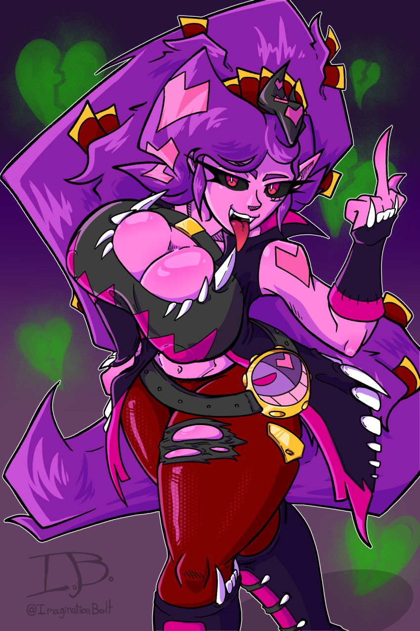 abs big_breasts black_eyes breasts demon_girl demon_horns demon_humanoid demoness fangs female female_demon female_focus female_only flipping_off heart hearts_around_body imagination_bolt long_hair long_tongue nipple_bulge original_character pants_rip pink_eyes pink_skin ponytail purple_hair red_pants tarot_card thick_thighs tight_pants umbra_deamon_(imagination_bolt)