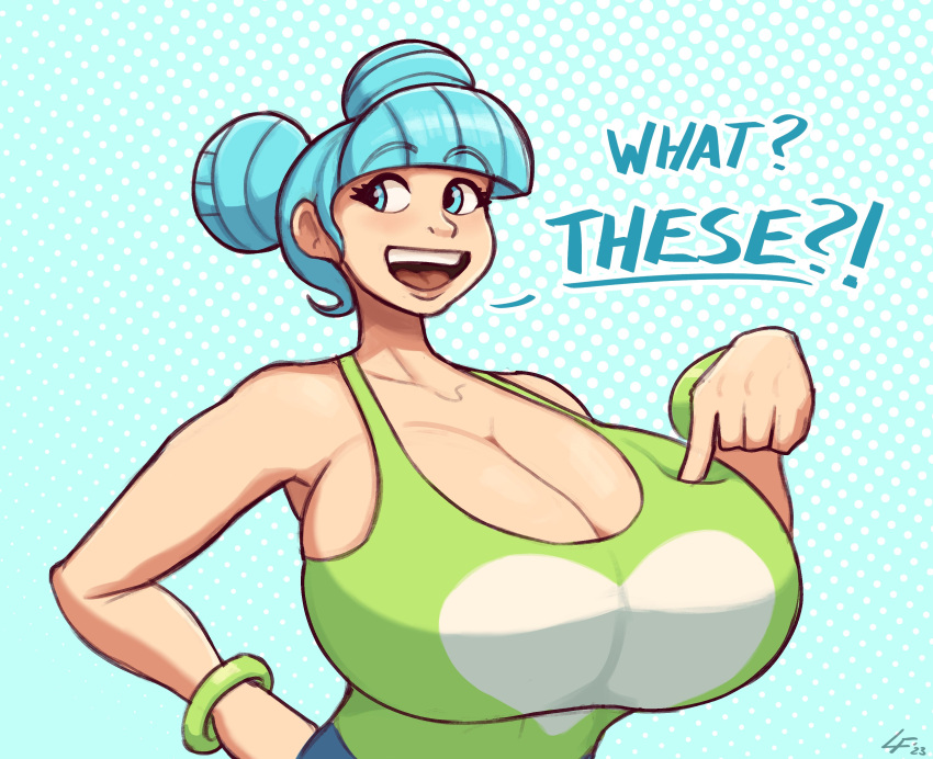 big_breasts blue_hair breasts cleavage dialogue huge_breasts julissa_(lucy_fuchs) large_breasts lucy_fuchs