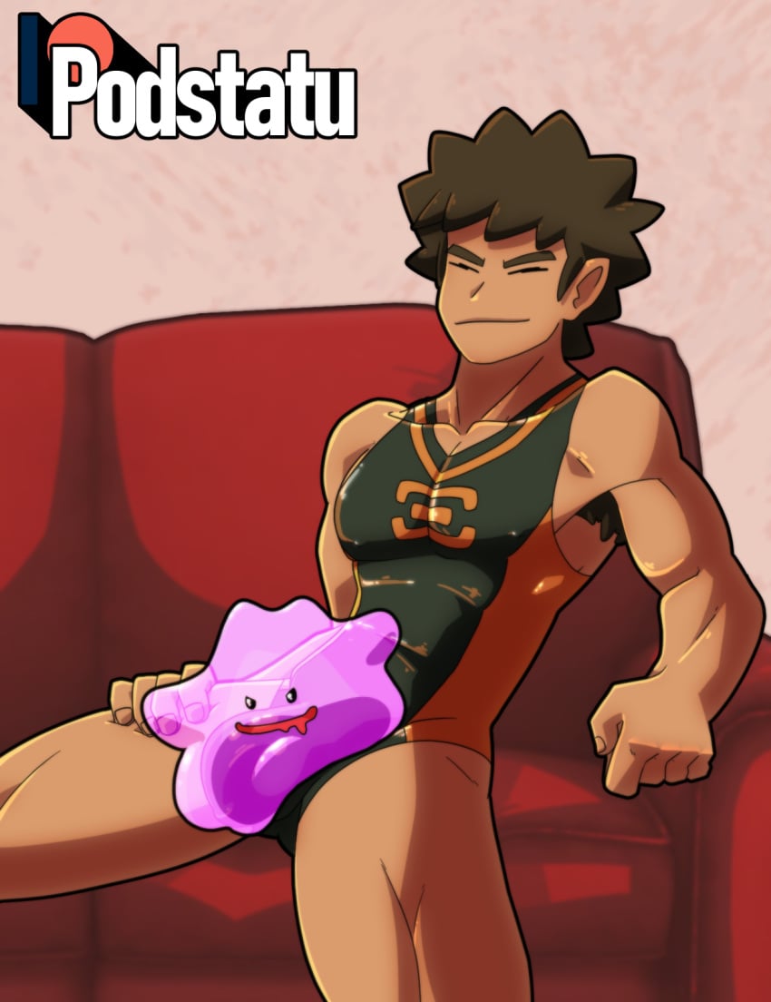 armpit_hair big_bulge brock_(pokemon) closed_eyes confident confident_smile ditto ditto_(pokémon) ditto_(pokemon) gay male male_on_monster male_only podstatu pokemon pokemon_(species) pokemon_masters pokemon_masters_ex pokemon_rgby resting sofa sygna_suit sygna_suit_brock wrestling_outfit wrestling_singlet yaoi