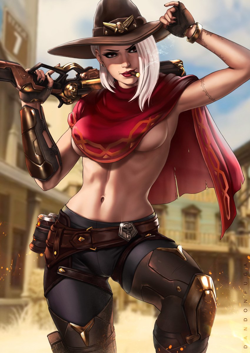 1girls absurd_res armpits artist_name ashe_(overwatch) belt blizzard_entertainment blurry blurry_background bracelet closed_mouth cowboy_hat dandon_fuga earrings explosive female fingerless gloves grenade gun hat highres holding holding_weapon jewelry lips lipstick looking_at_viewer makeup medium_breasts medium_hair mole mole_above_mouth nail_polish navel outdoors overwatch pants poncho red_eyes red_lips rifle smile solo tattoo underboob weapon