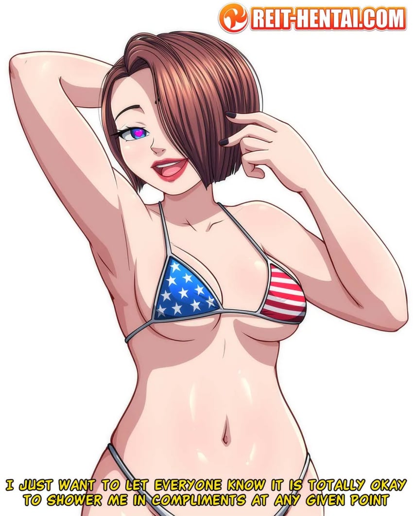 1girls american_flag_bikini bikini breasts brown_hair cleavage dialogue english_text female female_only hair_over_one_eye large_breasts lipstick navel ramona red_lipstick reit short_hair solo underboob upper_body watermark white_background