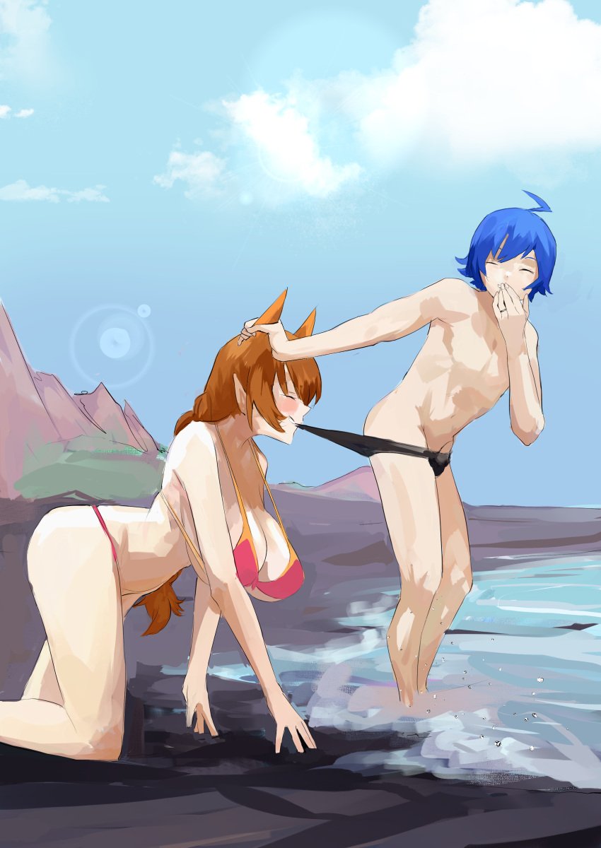 1boy 1girls ameri_azazel amused assisted_exposure beach bikini coppertone d.r. elf_ears flirting hanging_breasts iruma_suzuki large_breasts light-skinned_female light-skinned_male light_skin mairimashita!_iruma-kun pantsing red_hair size_difference speedo straight swimsuit water welcome_to_demon_school!_iruma-kun yellow_eyes