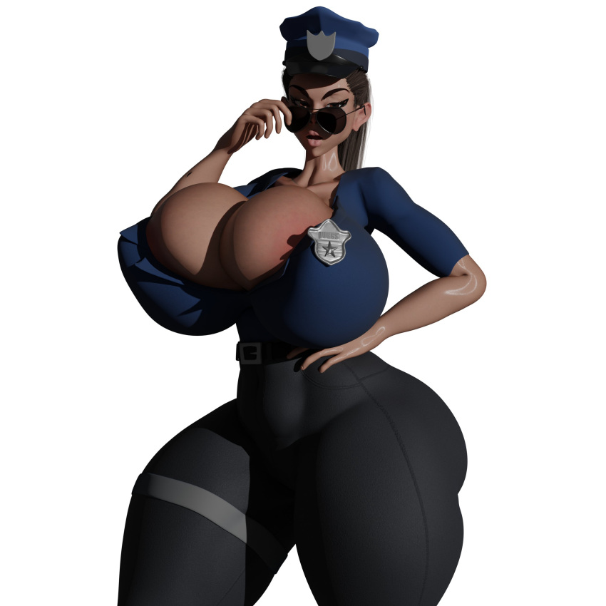 3d 3d_(artwork) big_breasts breasts cleavage cleavage_overflow huge_breasts jasmine_juggs large_breasts massive_breasts police police_officer police_uniform policeman shocking_(artist) sunglasses tight_clothing tight_pants white_background