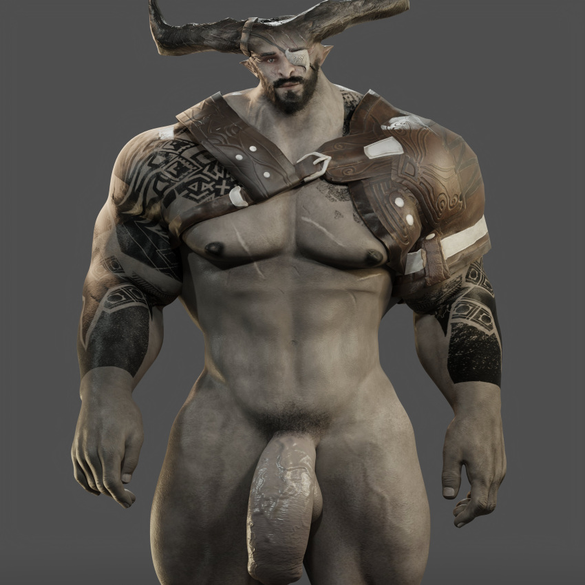 2_horns 3d 3d_(artwork) absurd_res balls dragon_age genitals hi_res horn humanoid iron_bull male male_only nipples pecs penis qunari scar solo tattoo vein veiny_muscles veiny_penis voluox