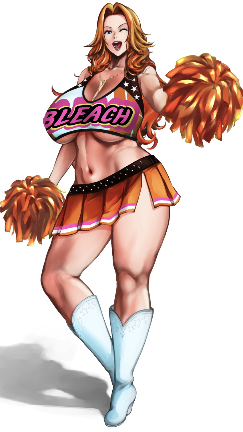 1girls absurd_res big_breasts bleach breasts busty cheerleader cheerleader_uniform female female_only hi_res huge_breasts kyugata large_breasts looking_at_viewer matsumoto_rangiku mole mole_under_mouth orange_hair solo voluptuous_female wide_hips