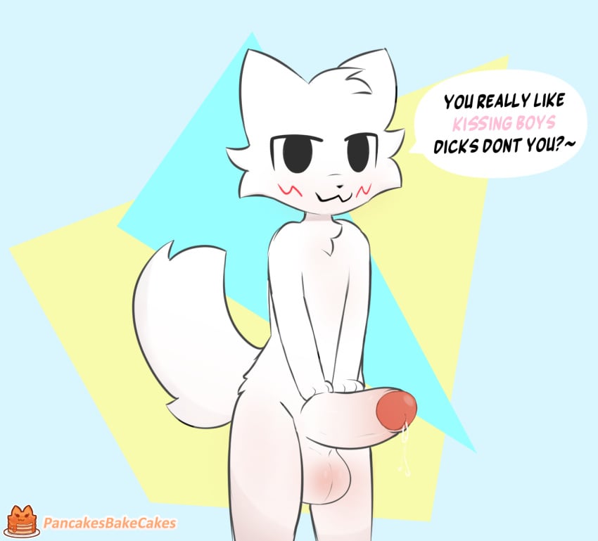 anthro balls big_balls big_penis blush bodily_fluids boy_kisser_(meme) english_text erection fur genital_fluids genitals hi_res male male_only pancakesbakecakes penis precum silly_cat_(mauzymice) solo standing text white_body